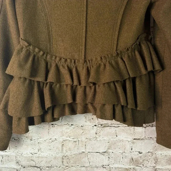 Anthropologie Elevenses Frilled Echelons Peacoat Size 4 Brown Ruffle Jacket Wool - Picture 5 of 8